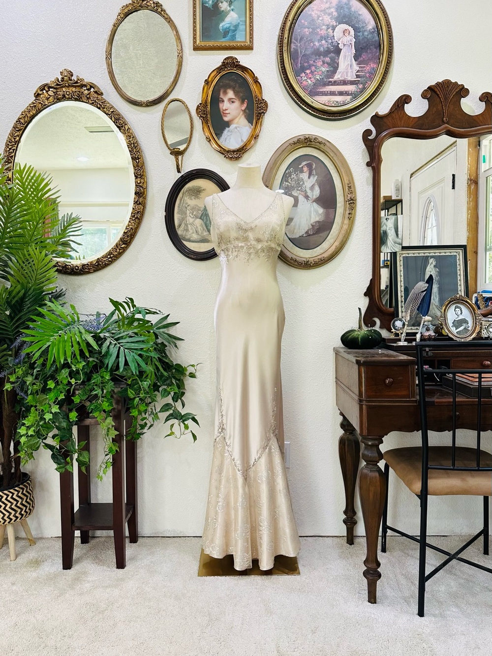 Dave & Johnny Champagne Satin Beaded Slip Gown
